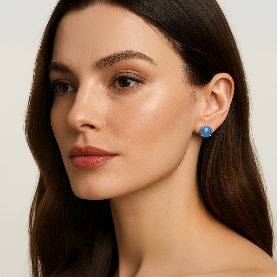 Woman Wearing Blue Chalcedony Stud Earrings
