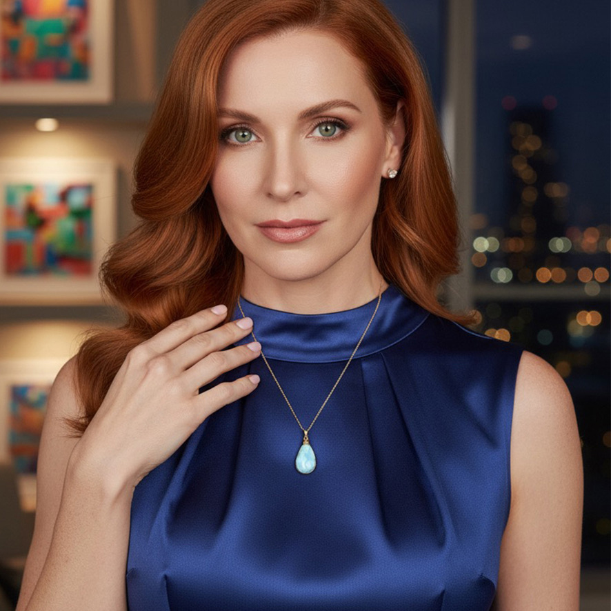 Woman Wearing Larimar Tear Drop Necklace