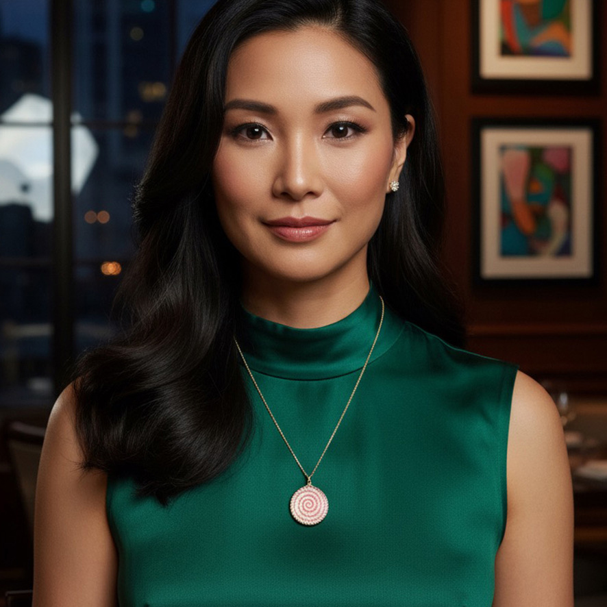 Woman Wearing Swirling Conch Shell Medallion Necklace