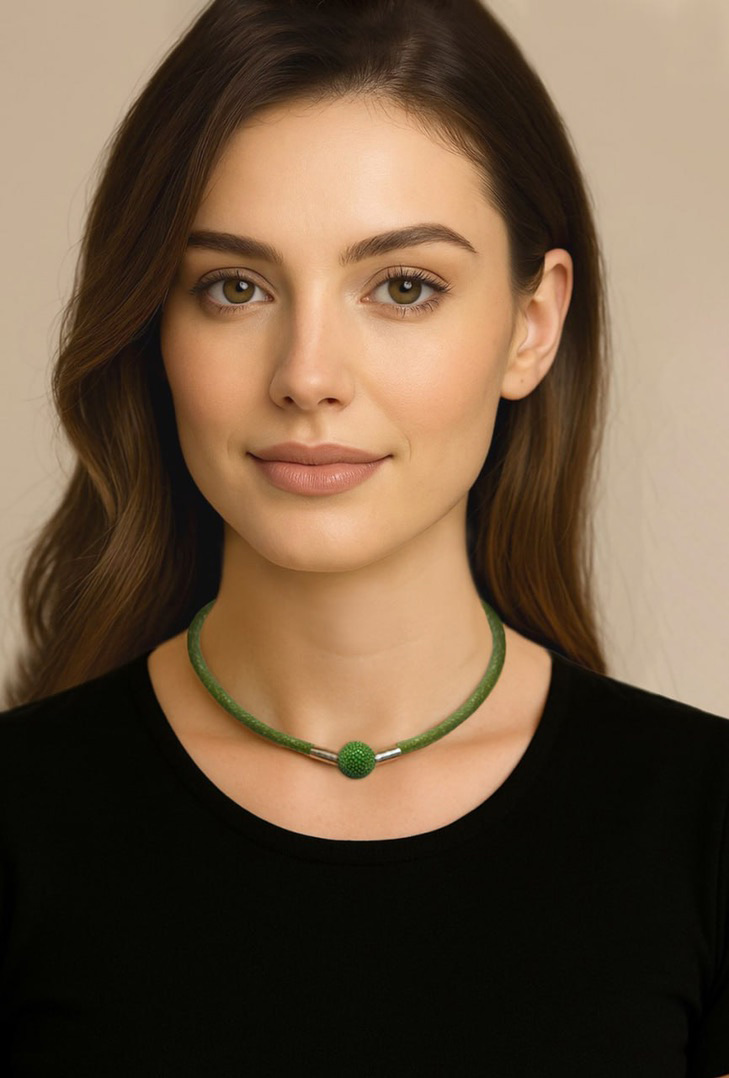 Woman Wearing Soft Green Singray Leather Necklace