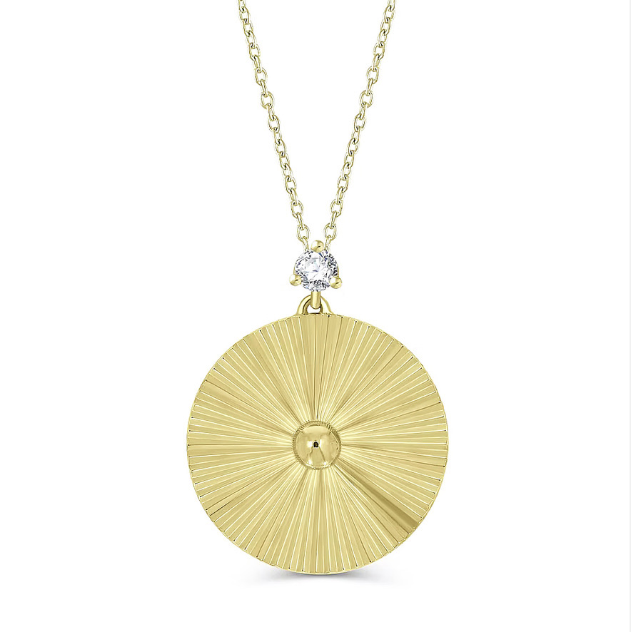 Japanese 18K yellow gold rope chain necklace with adjustable length up to 18 inches, featuring a white diamond and round gold pendant.
