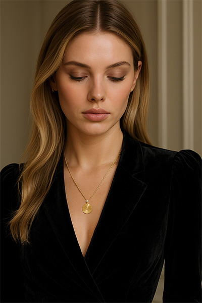 Woman Wearing Japanese 18K yellow gold rope chain necklace with adjustable length up to 18 inches, featuring a white diamond and round gold pendant.