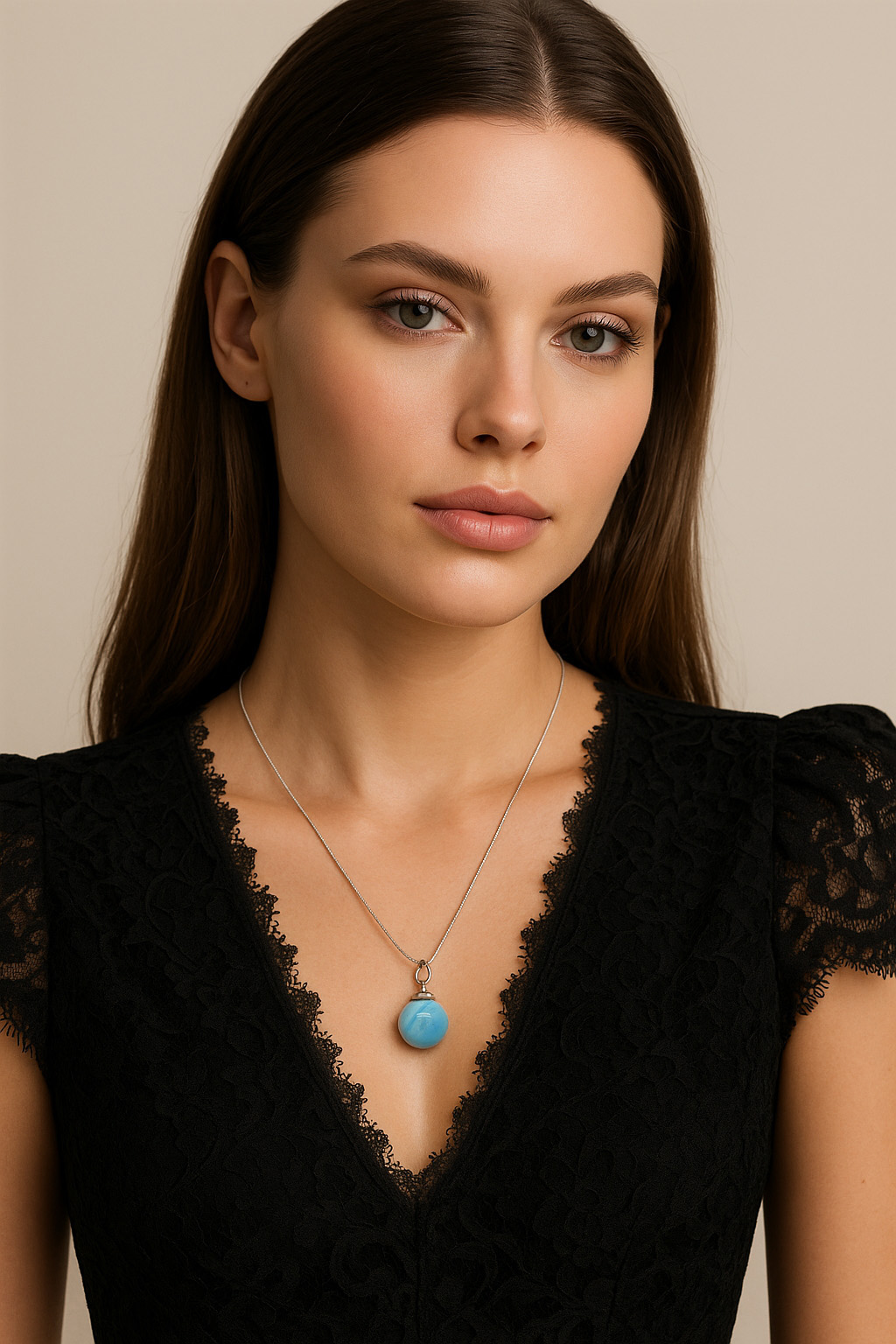 Woman Wearing Brag Stone Ball Swedish Necklace