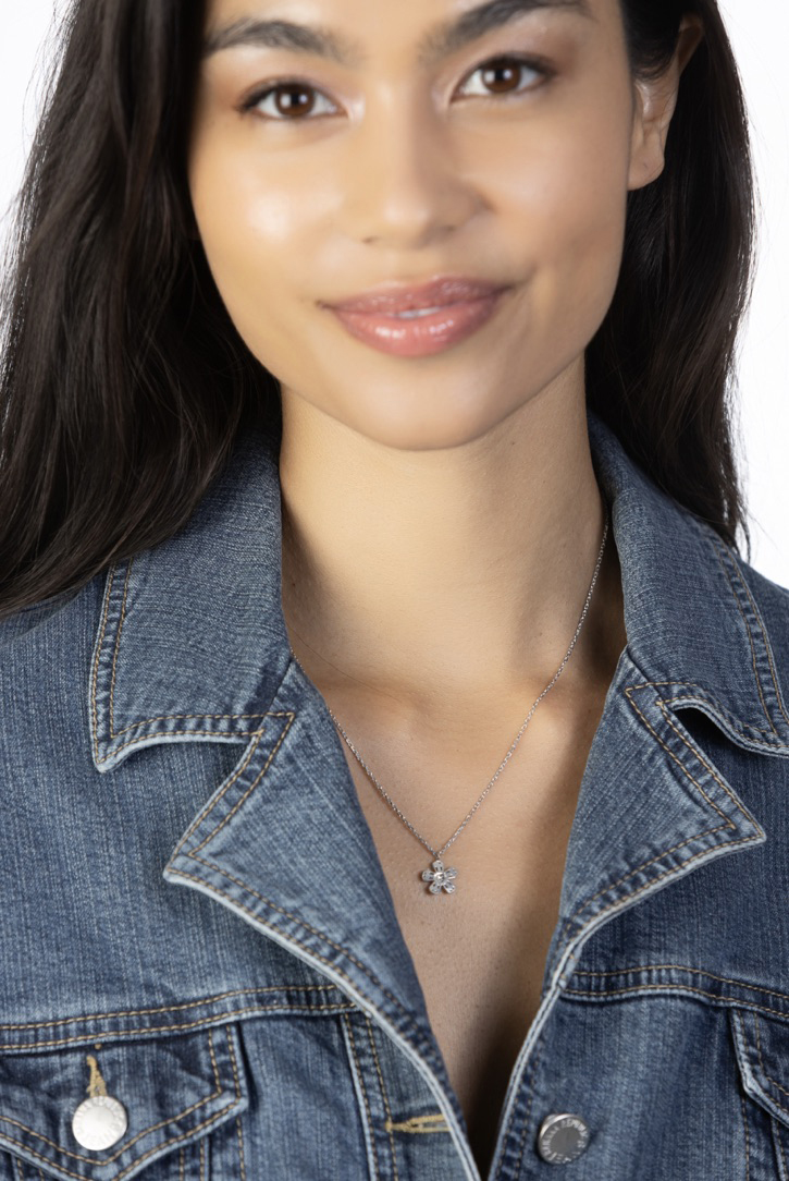 Woman Wearing Crystal Flower Necklace
