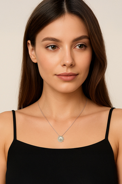 Woman wearing Silver Small Buccellati Inspired Necklace