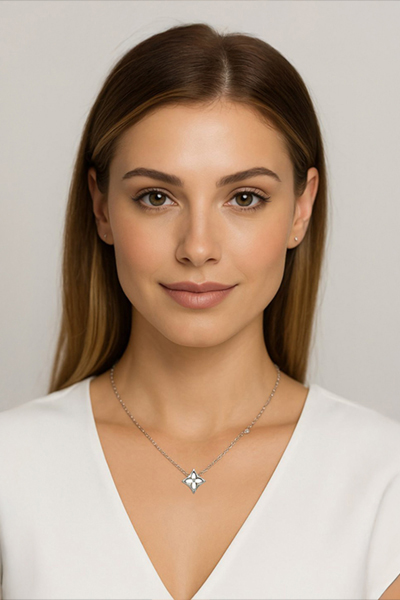 Woman Wearing Smallest Quatrefoil Necklace