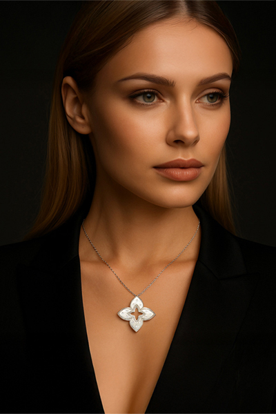 Woman Wearing Larger Quatrefoil Necklace