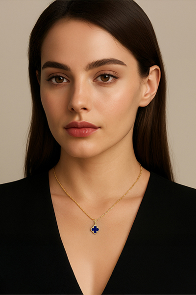Woman Wearing Lapis Lazuli Quatrefoil Necklace