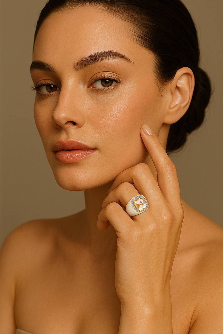 Woman wearing White Enamel and Stone Ring