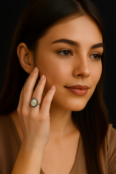 Woman Wearing Oval Opal Ring