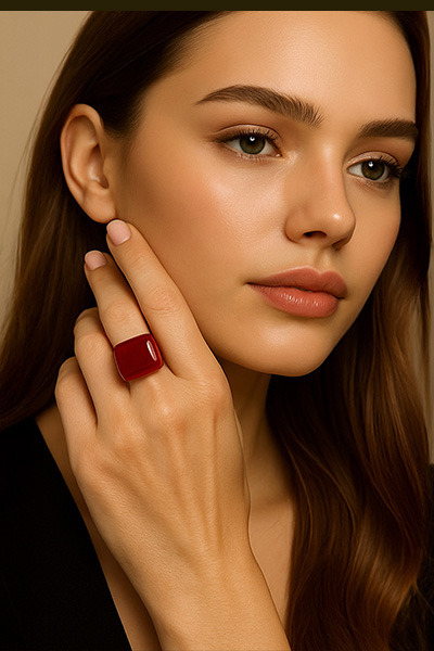 Woman wearing Burgundy Italian Square Ring