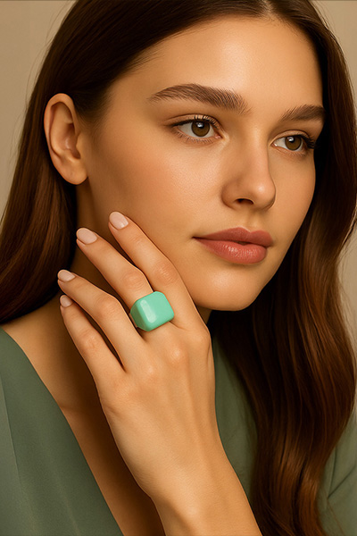 Woman wearing Italian blue-green square enameled ring
