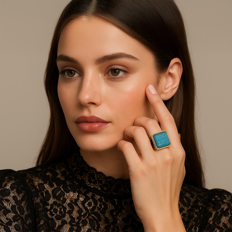 Woman Wearing Amazonite Cabochon Ring