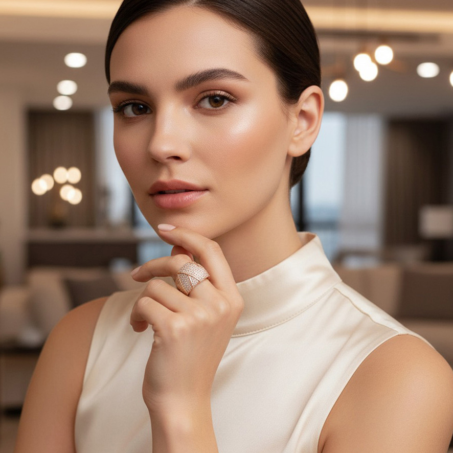 Woman Wearing Rose Gold and White Crystal Ring