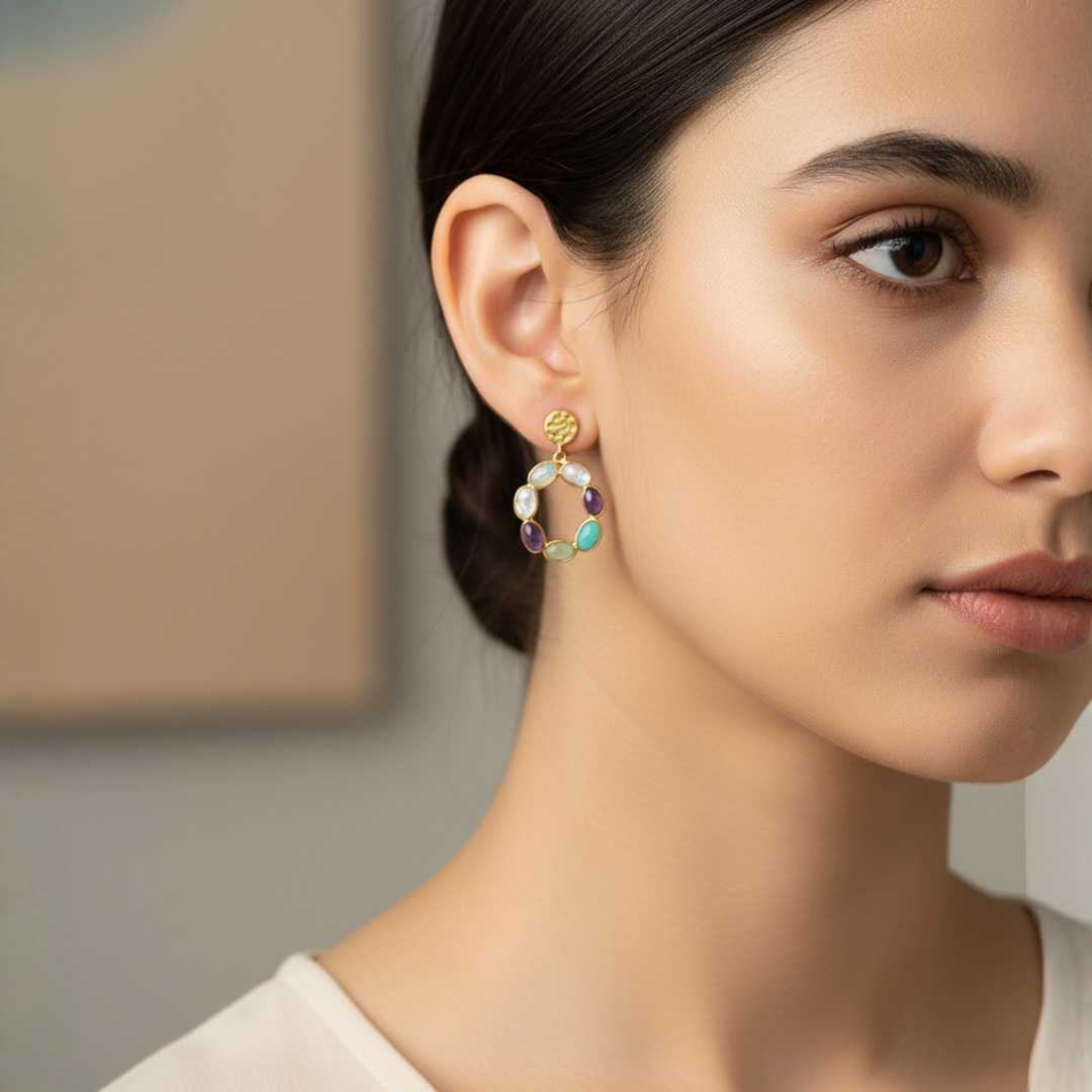 Woman Wearing French Medleyof Stone Earrings
