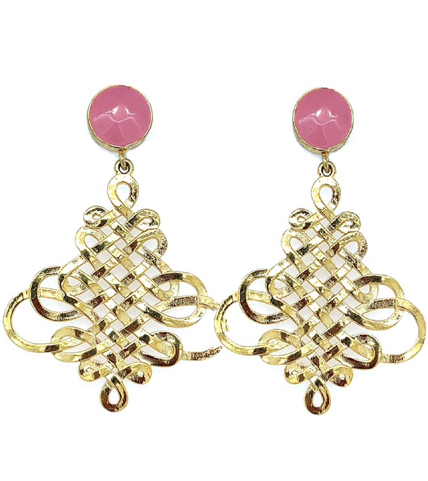 Pink Chalcedony and Gold Designed Earrings