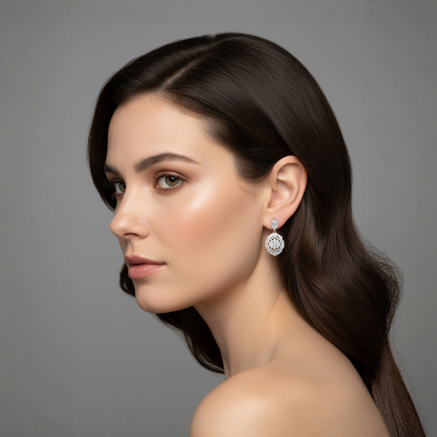 Woman Wearing Sparking Crystal Earrings