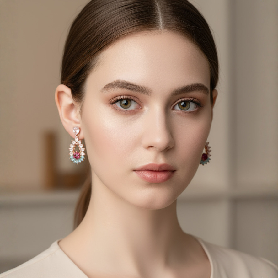 Woman wearing Rose Quartz and Aquamarine Earrings