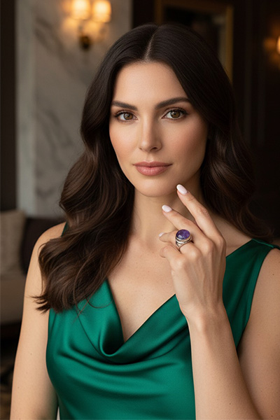 Woman Wearing Sugilite and Sterling Silver Ring