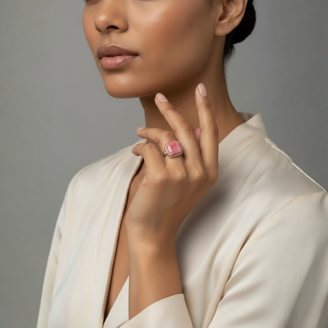 Woman Wearing Rhodochrosite Ring