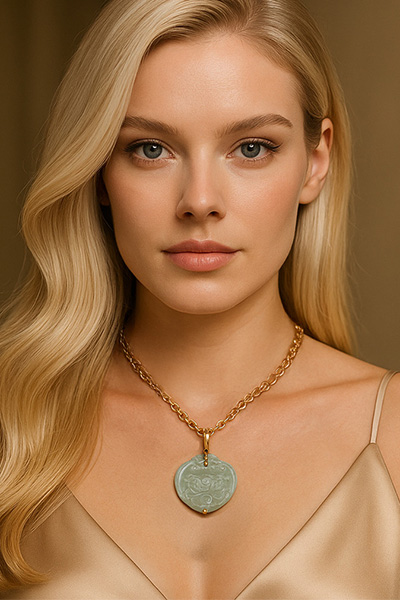 Woman Wearing Sculpted Chinese Jade Pendant Necklace