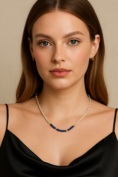 Woman Wearing Lapis Lazuli and Freshwater Pearl Necklace