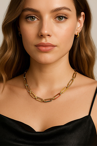 Woman Wearing Gold Link Necklace with Colored Accents