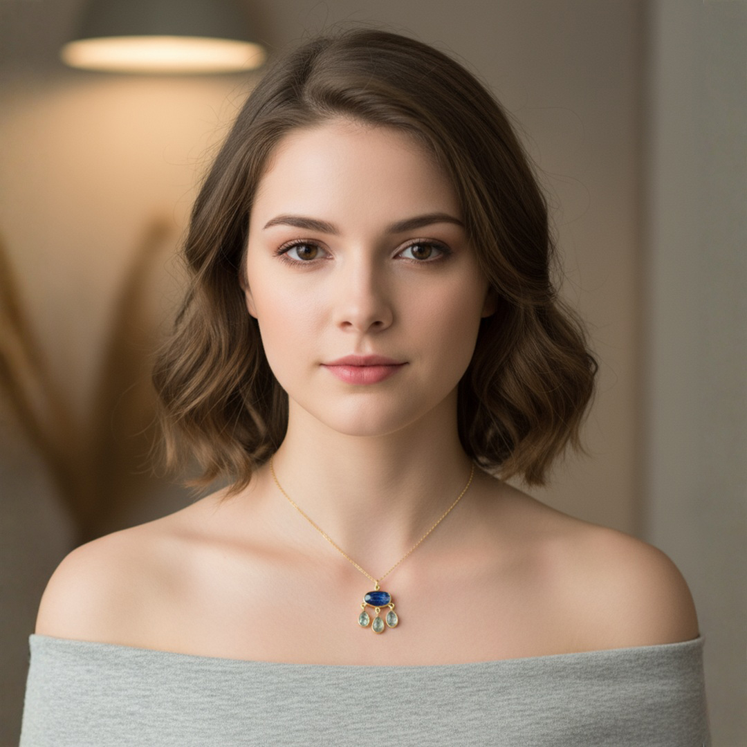 Woman Wearing Blue Kyanite and Aquamarine French Necklace