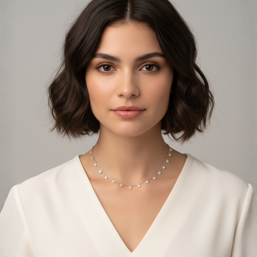 Woman Wearing Sterling Silver and White Crystal Necklace