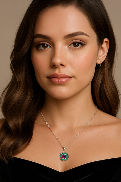 Woman Wearing Pink + Green Turkish Pendant Necklace