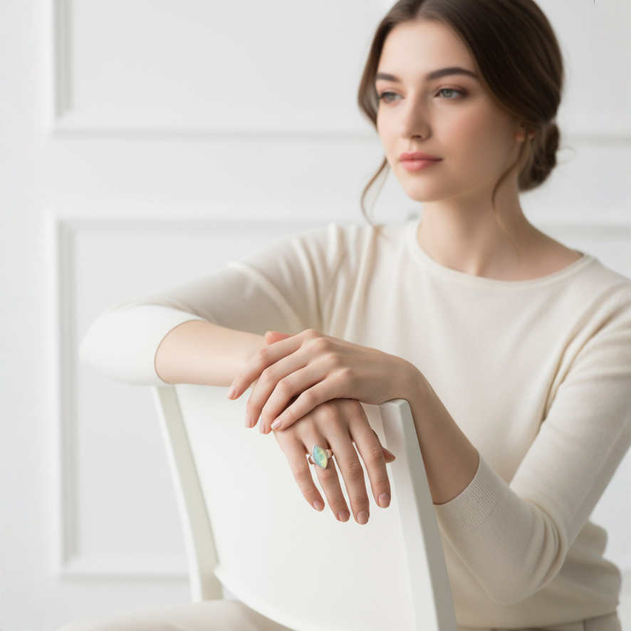 Woman sitting on the chair wearing Cabochon Marquise Opal Ring