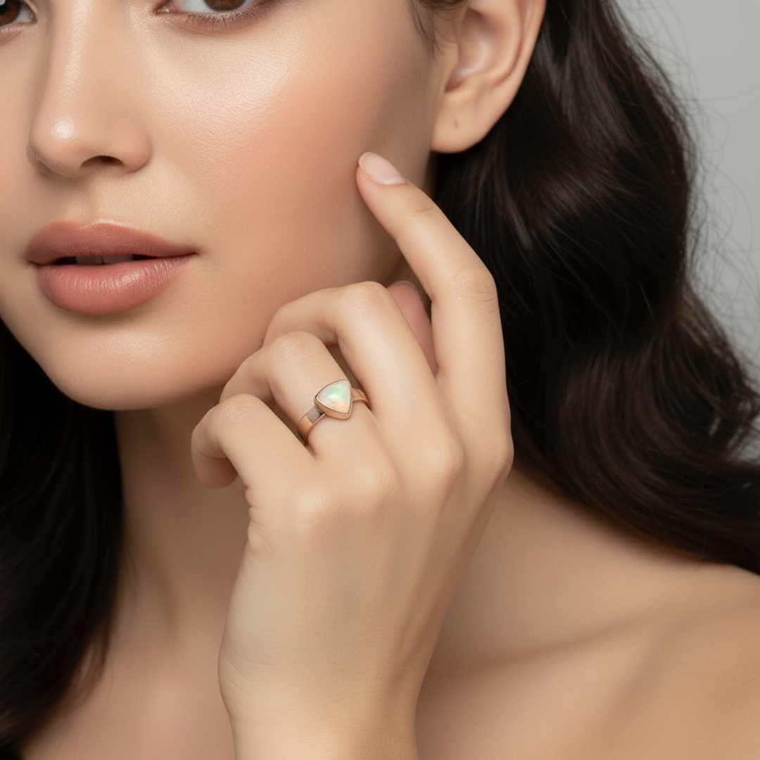 Woman Wearing Triangular Cabochon Cut Opal